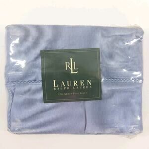 Vtg Ralph Lauren Flat Sheet QUEEN Blue Stripe Ticking Coastal Beachy Cottage USA